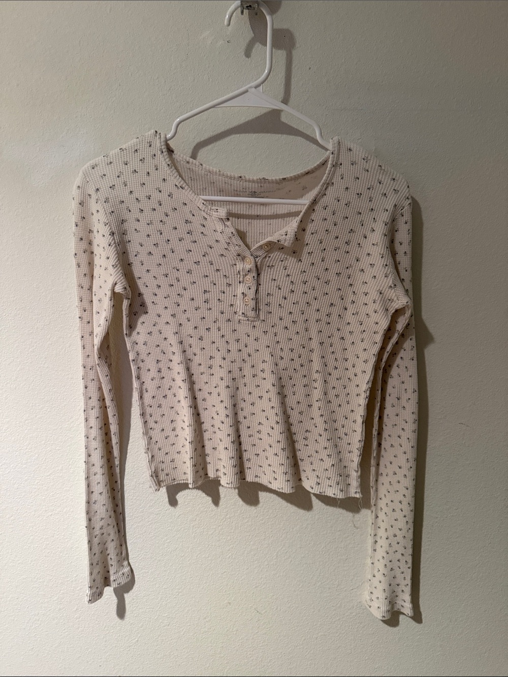 Brandy Melville Cream Ribbed Henley with Tiny Floral Dots